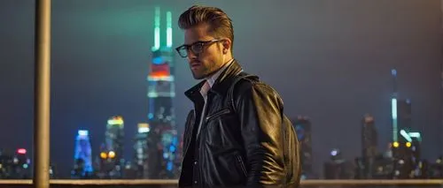 Photographer, male, 30s, trendy hairstyle, black framed glasses, casual wear, jeans, white shirt, leather jacket, holding camera, standing, urban street, cityscape, skyscrapers, night scene, neon ligh