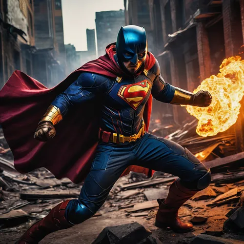 superhero background,digital compositing,superman,super hero,comic hero,human torch,super man,superhero,red super hero,kapow,super power,superman logo,superhero comic,iron mask hero,superheroes,fire master,marvel comics,stunt performer,super dad,angle grinder,Illustration,American Style,American Style 11