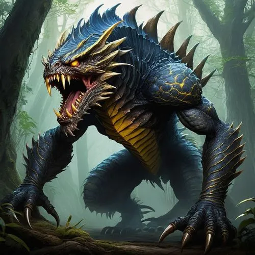 A monster with a long tail, sharp teeth and angry yellow eyes. The monster has thick, wrinkled skin that acts like elaborate organic armor. not scary,jaggi,tyrannize,tyrangiel,barghuti,gorgonops,stego