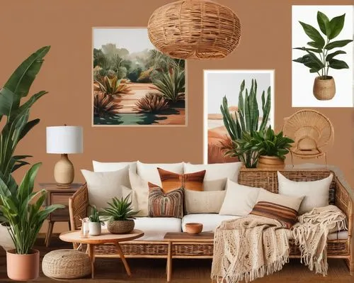 Mood board, interior design, cozy living room, warm atmosphere, natural materials, wood accents, earthy tones, greenery, plants, rattan furniture, soft cushions, throw blankets, vintage decorative ite