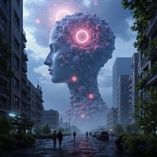 futuristic cyberpunk neuromancer world with the dreamlike imagery of a neuromancer mindscape ,a big blue head with many dots on it,mindspring,psychiko,tetsuo,sci fiction illustration,transhuman,brainc