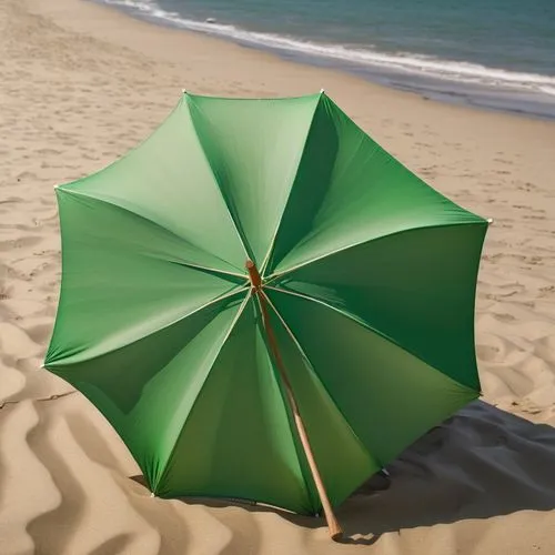 A green beach umbrella stuck in the sand of a beach at noon,beach umbrella,cocktail umbrella,summer umbrella,summer beach umbrellas,umbrella beach,overhead umbrella,aerial view umbrella,paper umbrella