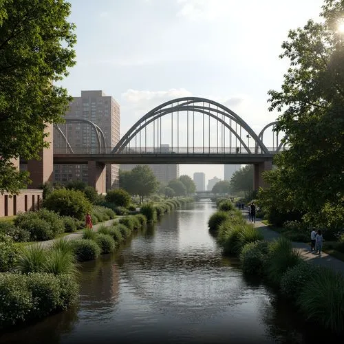 Scenic riverbank, lush green vegetation, gentle water flow, modern bridge design, sleek steel arches, cable-stayed structure, pedestrian walkways, cyclist paths, natural stone abutments, wooden deckin