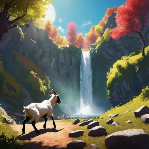 goat, simulator, Mornwood Falls, playful action, jumping, headbutting, textured fur, horns, dynamic pose, forest environment, trees, waterfalls, rocks, grass, open-world, interactive objects, vibrant 