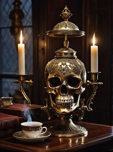 Gothic-inspired, ornate skull, steam-emitting, bronze-colored, intricate details, mysterious eyes, coffee maker, old-fashioned, Victorian-era, luxurious velvet cloth, surrounded by, dark wooden table,