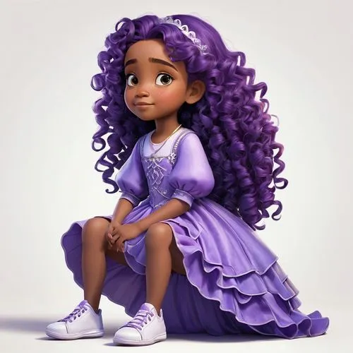 adorable, 
5 Years Old,  
African American,  
Female, 
Long curly purple hair with loose curls, she is wearing a purple princess dress, with White sneakers,   
Right profile, facing the right-hand sid