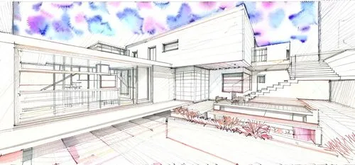 수채화 물감을 사용해서 부드럽고 따듯하게 스케치해줘,core renovation,house drawing,archidaily,school design,kitchen design,hallway space,architect plan,3d rendering,daylighting,renovation,watercolor tea shop,an apartment,kit