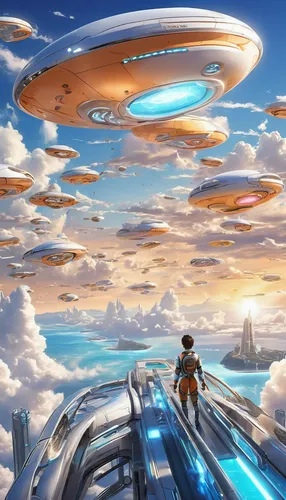 futuristic landscape,sky space concept,ufos,ufo,ufo interior,airships,sci fiction illustration,zeppelins,ufo intercept,scifi,sky,cg artwork,skycraper,futuristic,dream world,alien world,sky apartment,sky city,world digital painting,horizon,Illustration,Japanese style,Japanese Style 19