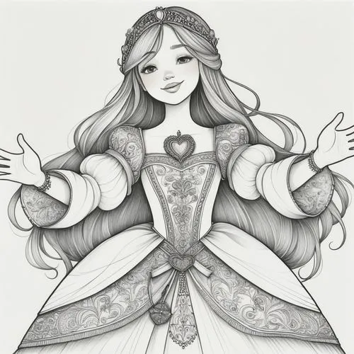 Accessibilité: partiellement conforme
The image features a black and white line drawing of a young girl with long hair, wearing a princess dress adorned with intricate patterns and a heart-shaped broo