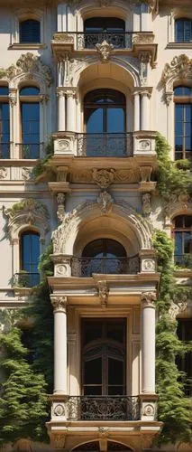 Thibaud's architectural design, French Renaissance style, grandiose building, intricate stone carvings, ornate balconies, majestic entrance, arched windows, symmetrical facade, cream-colored walls, sl