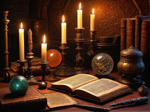 divination,candlemaker,prayer book,candlelights,magic book,tealights,votive candles,magic grimoire,lighted candle,candlelight,tealight,potions,hymn book,table lamps,candlemas,tarot cards,book antique,golden candlestick,eight treasures,attic treasures,Conceptual Art,Sci-Fi,Sci-Fi 15