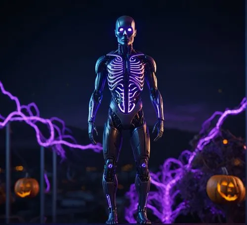 a unique scary Halloween figure, in the night sky taking over the night ,a skeleton that is standing on some pumpkins,electro,neon body painting,electrifying,tron,garrison,electronical,Photography,Gen