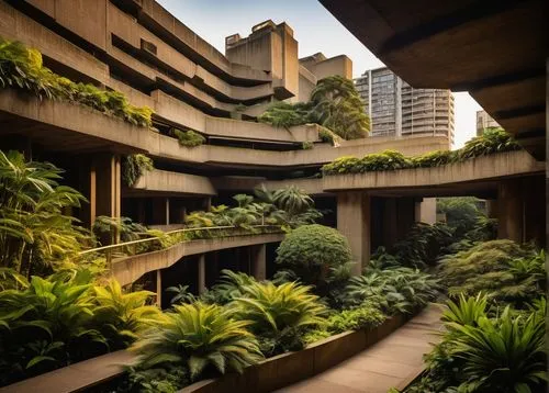 Barbican Centre, London, brutalist architecture, complex geometric shapes, rugged concrete walls, fortress-like structure, elevated walkways, tropical garden, futuristic feel, urban jungle, moody ligh