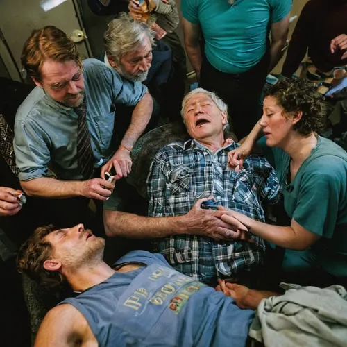 Robert Fuller lies unconscious after plunging prescribed drugs—to end his life—into his feeding tube in Seattle on May 10. Fuller's partner, Reese Baxter, top left, and friends lay their hands on him.