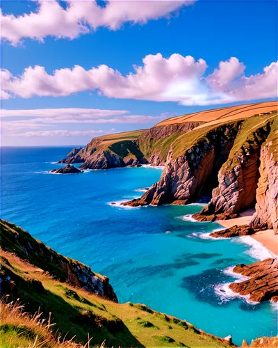 Cornwall landscape, rugged coastline, rocky cliffs, turquoise ocean, waves crashing, sunny day, blue sky, few white clouds, dramatic lighting, panoramic view, shallow depth of field, warm color tone, 