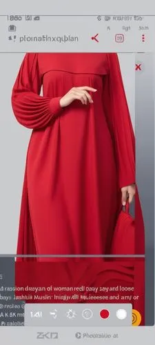 3d fashion drawing of women red  long maxi red  loose abaya fashion Muslim hijab with the pelisee and a lot of pleats on   sleeves pleated sleeves and elastic on the hand of the sleeves  loose abaya w