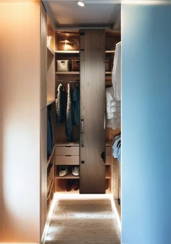 Dressing room with white shelves and neatly laid out and hung clothes, stylish, beautiful, neat, cozy, shelves with stand, white and square boxes, beige clothes. ceiling lighting, floor lighting, one 