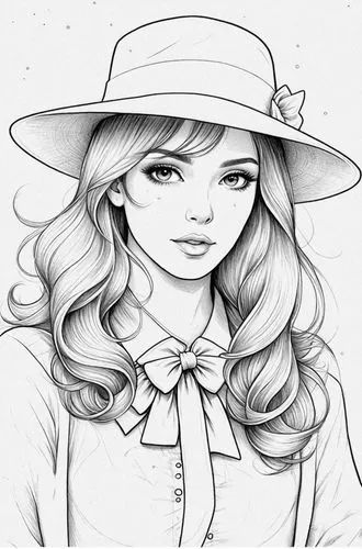 a woman with long hair wearing a hat and dress,fashion vector,girl wearing hat,camie,vintage girl,straw hat,coloring page,Design Sketch,Design Sketch,Detailed Outline