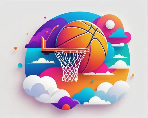 Dribbble logo, colorful, simple, flat design, 2D illustration, bold lines, geometric shapes, basketball, hoop, ball bouncing, dynamic movement, vibrant colors, gradient effect, sporty vibe, youthful e