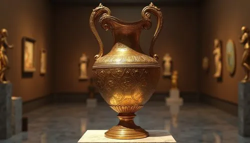 Bronze statue, luxurious vase, ancient Greek, museum quality, detailed texture, intricate design, ornate patterns, polished surface, warm golden color, reflective material, pedestal display, art galle