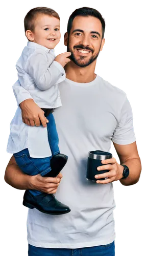 Happy Father's Day, smiling father, casual wear, white shirt, dark blue jeans, brown leather belt, black shoes, holding a "World's Best Dad" mug, warm sunlight, soft focus, shallow depth of field, 3/4