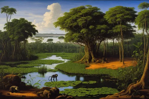 forest landscape,hunting scene,karst landscape,river landscape,robert duncanson,forest animals,tropical animals,rural landscape,tropical and subtropical coniferous forests,brook landscape,an island far away landscape,nature landscape,riparian forest,landscape,natural landscape,landscape background,green landscape,animals hunting,panoramic landscape,swampy landscape,Art,Classical Oil Painting,Classical Oil Painting 22