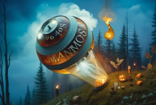 a large lantern with the word awake being lit in a foggy forest,vostok,bathysphere,lampion,quidditch,cauldron,fantasy picture,Photography,General,Natural