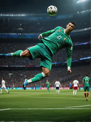 Create a vivid description of Ronaldo's gravity-defying overhead kick during a tense penalty shootout.,soccer kick,goalkeeper,ronaldo,fifa 2018,cristiano,european football championship,wall & ball spo