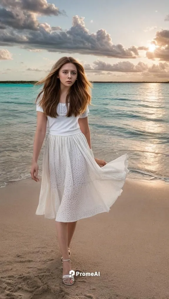 a portrait full body of a beautiful Elizabeth Olsen 25 years old brown hair, wearing a white printed T-shirt and white skirt stand up in the beach of Bahamas whit the city at sunset in a cloudy day as