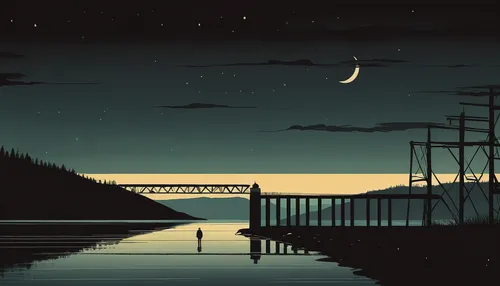 docks,night scene,wooden pier,trestle,evening lake,fishing pier,digital illustration,dock,moonlit night,waterfront,moonrise,bridge,docked,wharf,dusk,digital painting,before the dawn,riverside,boardwalk,estuary,Illustration,Japanese style,Japanese Style 08