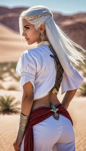 Ariel, upper body portrait, elf, white hair, beautiful, cute arabian clothes, warrior, midriff, fit, white hair, cowboy shot, rear view looking back, desert background, realistic fantasy ,concept art,