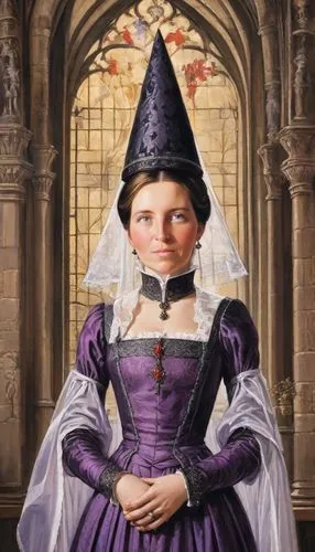 (((A tall and narrow Gothic cone "Wimple Hennin Purple & Black" with decoration on the woman's head: 1,5 +++, the forehead and temples are wrapped in dark cloth: 1,4+++, on the Gothic cone "Wimple Hen