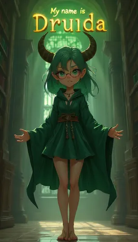 A young girl bends her knees and waves her green robes.,an anime character is featured in the title of a game called druida,drucilla,druidic,drulia,merula,brunhilda,drupada