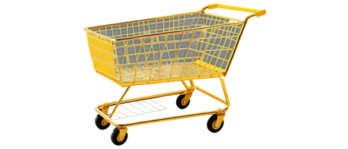 shopping cart, PNG, transparent background, yellow metal frame, four wheels, basket weaving pattern, soft shadows, morning light, 3/4 composition, shallow depth of field, warm color tone, cinematic li