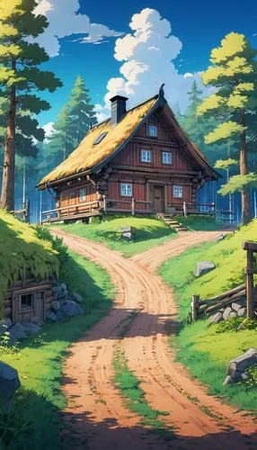 log home,log cabin,butka,alpine village,the cabin in the mountains,oktoberfest background,red barn,cartoon video game background,mountain village,landscape background,wooden houses,home landscape,farm background,countryside,sylvania,rustic aesthetic,heidi country,house in mountains,small cabin,rural,Illustration,Japanese style,Japanese Style 03