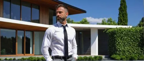 Mature man, 35 years old, muscular build, short brown hair, slight beard, wearied expression, architect uniform, white shirt, black tie, grey trousers, black leather shoes, holding blueprints, standin