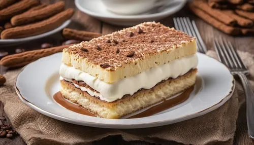 tiramisu,turrón,caramel shortbread,mille-feuille,banoffee pie,s'more,french silk,cream slices,nut-nougat cream,semifreddo,layer nougat,danish nut cake,rye bread layer cake,almond biscuit,streusel cake,speculoos,cream cheese cake,snack cake,florentine biscuit,dobos torte,Photography,General,Realistic