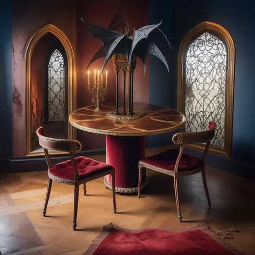 a table with two chairs and a table in the middle,dining table,baccarat,dining room table,dining room,victorian table and chairs,kartell,Unique,Design,Infographics