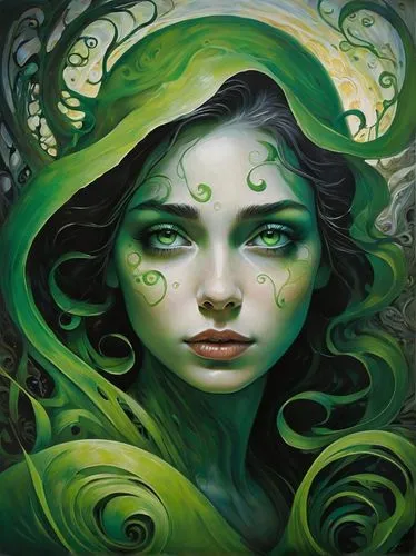 dryad,anahata,dryads,medusa,enchantress,fae,nissa,the enchantress,verde,faery,faerie,green skin,seelie,diwata,green mermaid scale,fantasy portrait,leota,verte,rusalka,fantasy art,Illustration,Paper based,Paper Based 18