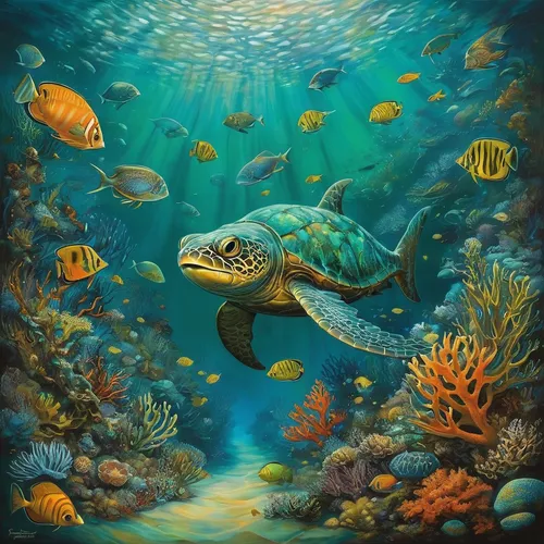 sea turtle,underwater background,green sea turtle,aquarium decor,underwater landscape,aquarium inhabitants,aquarium,loggerhead sea turtle,loggerhead turtle,underwater fish,water turtle,marine animal,olive ridley sea turtle,turtle pattern,terrapin,coelacanth,sea animal,kemp's ridley sea turtle,coral reef,aquatic life,Illustration,Realistic Fantasy,Realistic Fantasy 34