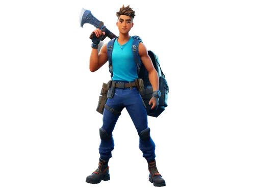 Fortnite character, male, 18yo, muscular build, short spiky hair, cool facial expression, wearing fortnite outfit, backpack, holding pickaxe, standing hero pose, dynamic lighting, high contrast, cinem