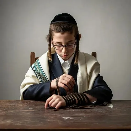 a girl dressed in a black and white outfit is sitting at a table while wearing a scarf,kiddushin,tzadik,gemara,birkat,minyan,mitzvah