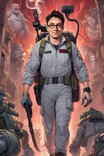 create a promo poster with one male with dark and short hair character from ghostbusters movie art,medic,mini e,propane,ghostbusters,twitch icon,steel man,engineer,minion tim,the face of god,combat me