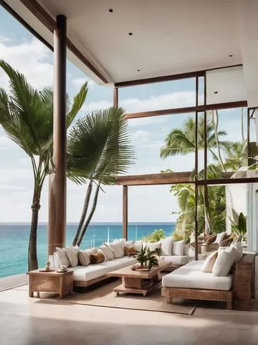 Modern beach house, luxury villa, tropical atmosphere, large windows, sliding glass doors, minimalist interior design, white walls, wooden floors, high ceilings, spacious living room, comfortable sofa