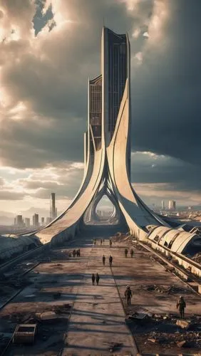 destroyed post apocalypse Futurist Architecture,futuristic architecture,futuristic landscape,futuristic art museum,district 9,tehran,santiago calatrava,toronto city hall,dystopian,2022,khobar,calatrav