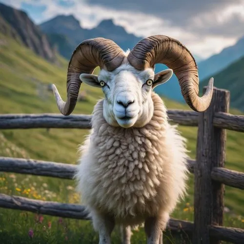 Anthro ram, muscular male, furry body, curved horns, fluffy wool, bright blue eyes, smiling face, standing pose, mountainous background, misty atmosphere, green grass, wildflowers, rustic wooden fence