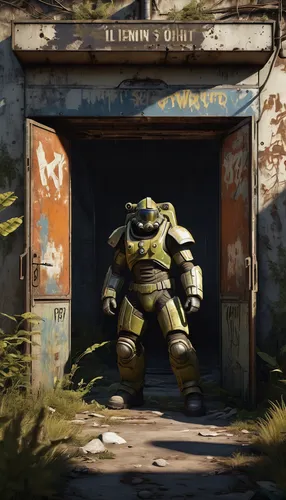 fallout4,fallout,fresh fallout,scrap iron,mech,mecha,steel man,fallout shelter,war machine,kosmus,stud yellow,wasteland,yellow hammer,metal rust,bumblebee,centurion,heavy construction,iron door,concept art,brute,Conceptual Art,Sci-Fi,Sci-Fi 20