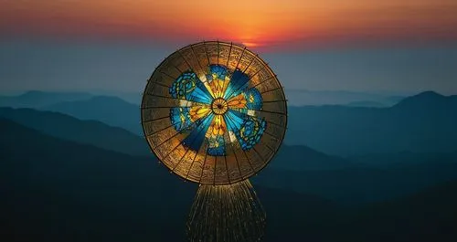 paraglider sunset,dharma wheel,sun dial,sundial,dreamcatcher,mountain paraglider,dream catcher,oriental lantern,spinning wheel,aranmula,rim of wheel,tungsha,mobile sundial,time spiral,nepal,alpine sunset,wind bell,revolving light,mountain sunrise,flower in sunset,Illustration,Realistic Fantasy,Realistic Fantasy 45