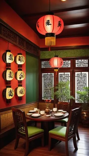 Chinese restaurant interior design, traditional Chinese decor, red lanterns, golden accents, wooden tables, round stools, intricate carvings, oriental patterns, lucky cat figurine, fish tank, bamboo s