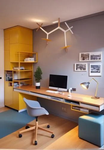 interior design , modern style,room for a teenager, bright yellow wall,desk, computer, white glossy closed cabinets,modern office,search interior solutions,creative office,steelcase,office desk,interi